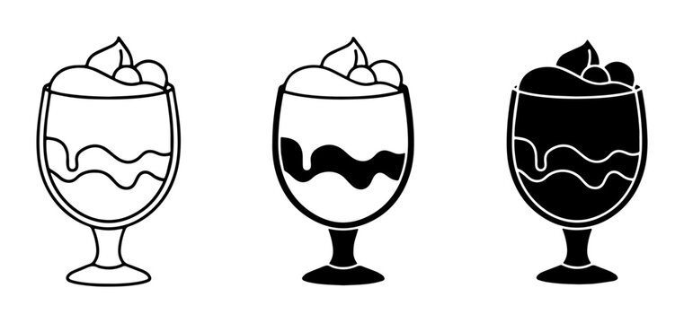 Dessert Icons: Three Stylized Sweet Treats in Glasses, Outline, Filled, and Silhouette