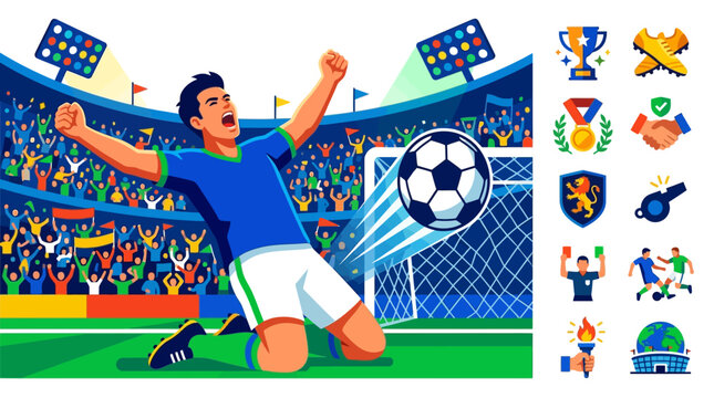 Flat vector illustration of a professional soccer player celebrating a goal by kneeling on the field with arms raised in a packed stadium with cheering crowd and sport icons.