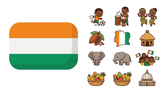 Ivory Coast vector icon set featuring the national flag, soccer player, dancers, djembe drummers, cocoa pods, elephants, tropical fruit, and Yamoussoukro Basilica on white background.