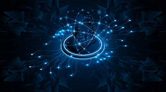 Digital cyber security concept with glowing blue padlock on circuit board background. Global network data protection and privacy technology