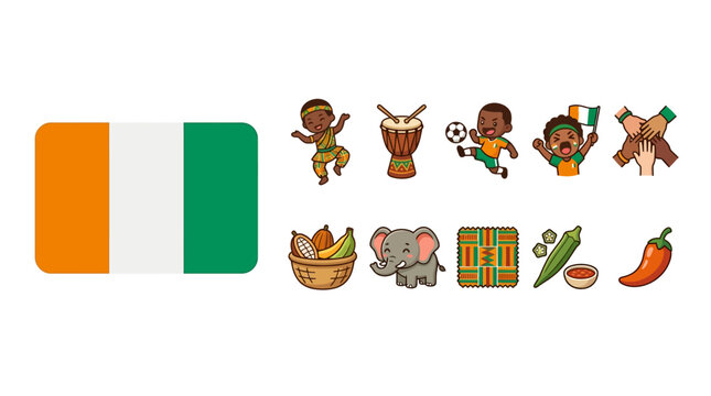 Ivory Coast Cultural Vector Icons Set featuring National Flag, African Elephant, Cocoa, Soccer Player, Traditional Dancer, Djembe Drum, Kente Fabric and Ivorian Cuisine on White.