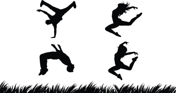 Black silhouettes of people performing acrobatic jumps, flips, and expressive dance movements with outdoor grass detail emphasizing energy and lifestyle concepts