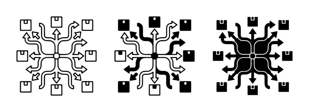 Distribution Network Icons, Logistics Flow Arrows, Supply Chain Management Symbols, Shipping Boxes