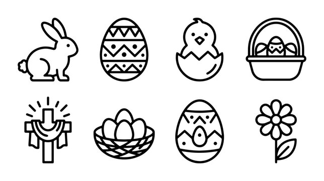 Easter Icons Set: Bunny, Eggs, Chick, Cross, Flower, Basket, Vector Graphics for Holiday Design