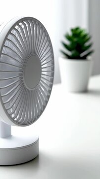 White desk fan with soft blur plant in minimalist room