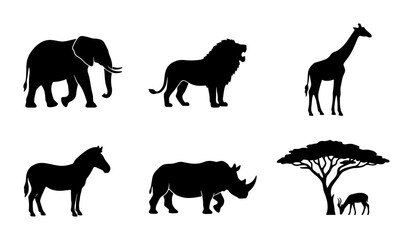 African Wildlife Silhouette Collection: Elephant, Lion, Giraffe, Zebra, Rhino, Antelope, Acacia Tree Icons © Shariful