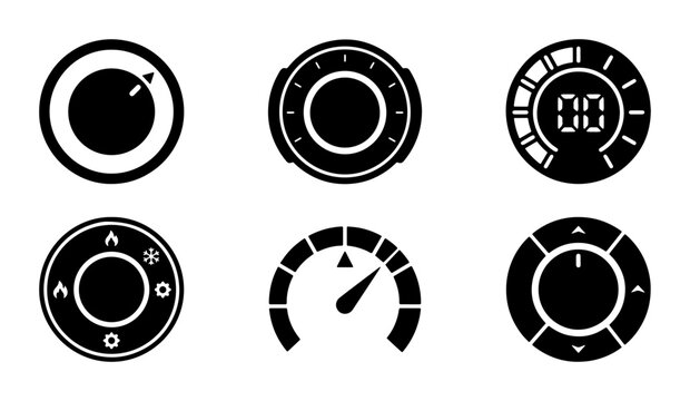 Set of 6 Circular Control Knobs, Dials, and Gauges Vector Icons. Modern Interface Elements for UI Design and Web Applications.