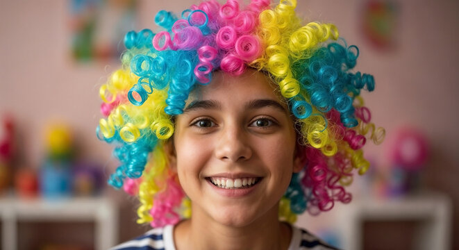 Smiling adolescent wearing costume wig, showcasing vibrant curly hair in pink, yellow, blue, purple. Cheerful girl poses with her playful adolescent wearing costume wig.