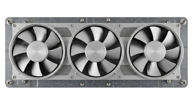 A high-performance cooling system featuring three circular metal fans mounted on a durable industrial board for advanced thermal control, metal, engine, fans