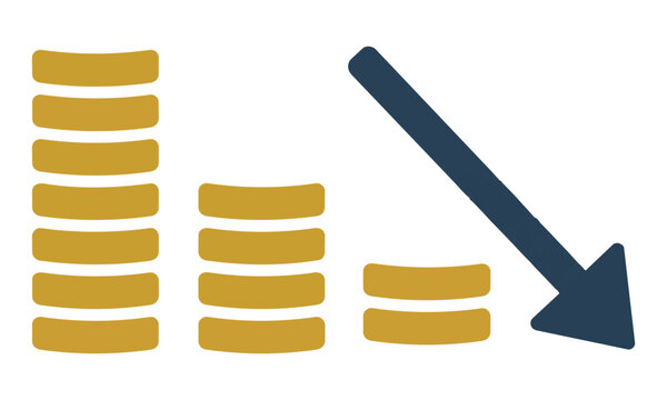 Minimalist icon showing three golden coin stacks of decreasing height with a downward trending arrow on a plain white background for a financial loss concept