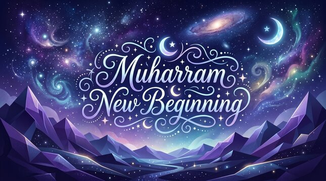 Islamic crescent moon and star with muharram text