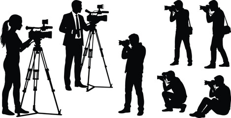 Black silhouettes of photographers and videographers using cameras, tripods, and handheld equipment in diverse postures representing media production concepts © Rokon
