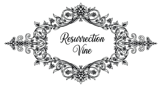 Elegant ornamental frame design featuring intricate resurrection vine floral motifs in vintage engraved style for decorative borders or wedding stationery.