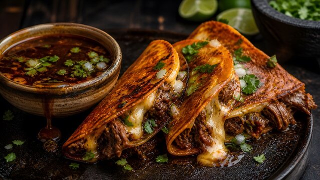 Gourmet birria tacos filled with slow cooked shredded beef and melted cheese served with a side of savory dipping consomme broth in this professional food photograph captured for menu display