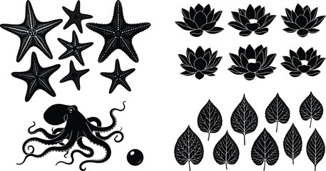 Black silhouette vector set of starfish octopus lotus flowers and leaves isolated on white background © MDRabbi