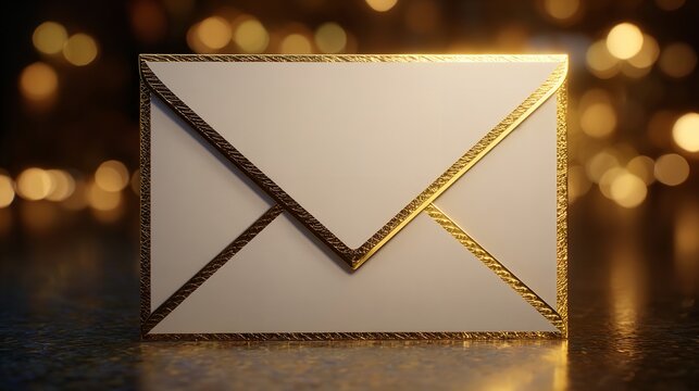 White envelope with gold trim and bokeh background for communication and messages