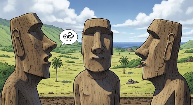 Moai statues on Easter Island landscape.