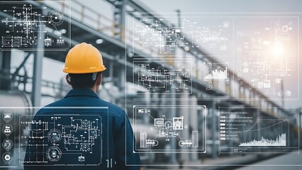 Fototapeta premium Man in yellow hardhat with industrial background and digital technical diagrams factory