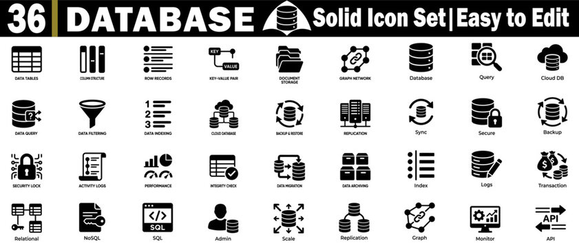 Database solid icons set. Easy to edit, representing tables, columns, rows, key value pairs, document storage, and graph network.