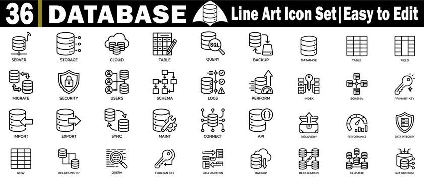 Database line art icons set. Easy to edit for server storage, cloud table query, and backup database schema performance.