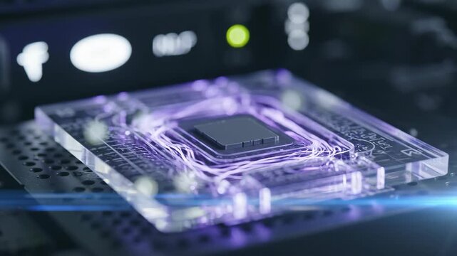 Tack-sharp macro clear quartz futuristic dna data-storage chip glowing lavender fluidic channels pulsing, encoding data advanced digital innovation.