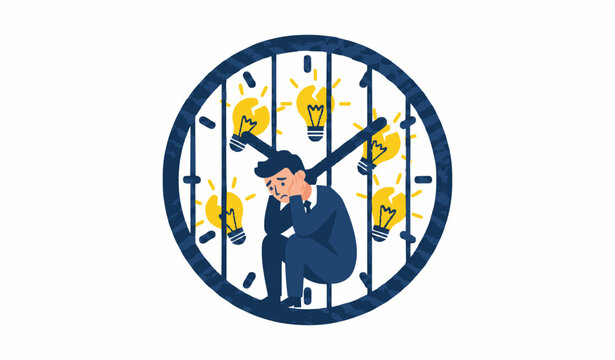 Businessman trapped in clock with broken ideas time pressure failure concept cartoon vector illustration