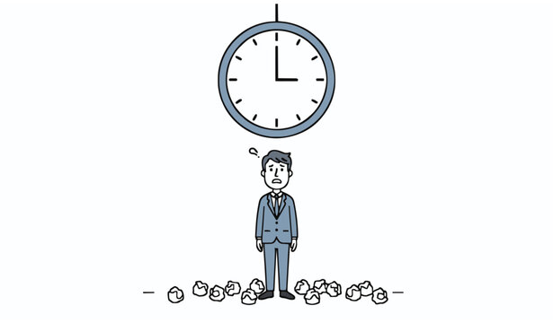 Business stress concept with confused man under clock failed ideas minimal vector illustration
