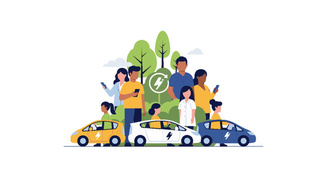 Diverse community embraces sustainable electric vehicle lifestyle, charging cars with renewable energy for a greener future and eco-friendly urban transport.