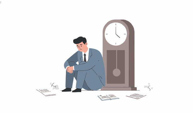 Depressed businessman with clock ineffective ideas time pressure concept flat vector illustration