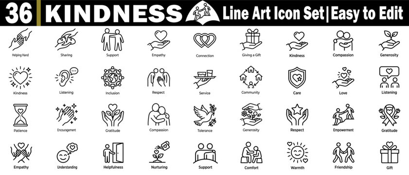 Kindness line art icon set. Vector illustrations of altruistic values, social support, and community connections now.