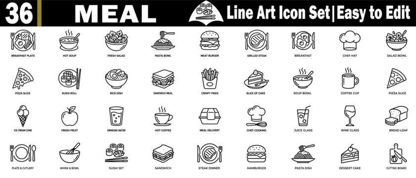 Meal line art icon set. Featuring 36 professional food designs for restaurant menu layouts and mobile application interfaces.