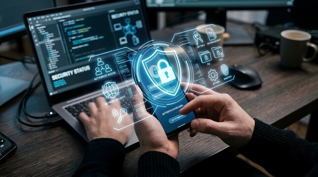 Online banking security and digital authentication on laptop and smartphone, secure internet transaction concept