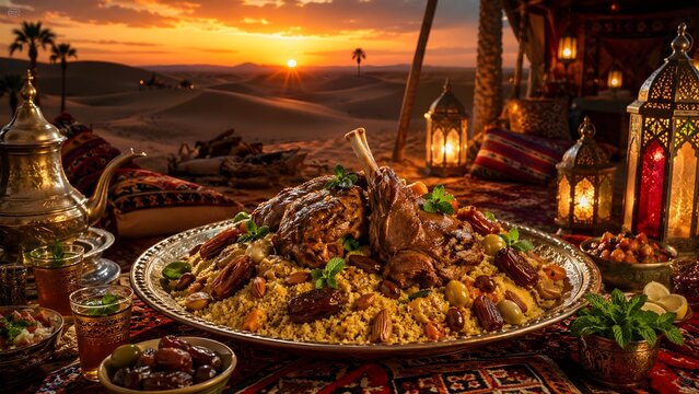 Traditional middle eastern meal featuring roasted lamb shank served on a large platter of aromatic couscous with dates and nuts captured in this vibrant and authentic cultural food photography image