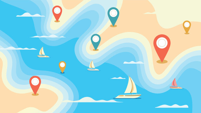 Abstract nautical background with sailboats and colorful destination pins on flowing wavy sea.