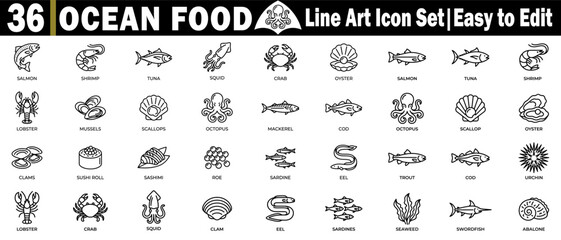 Ocean food line art icon set. easy to edit. salmon, shrimp, tuna, squid, crab, oyster, lobster, mussels, scallops. © Logo Solution