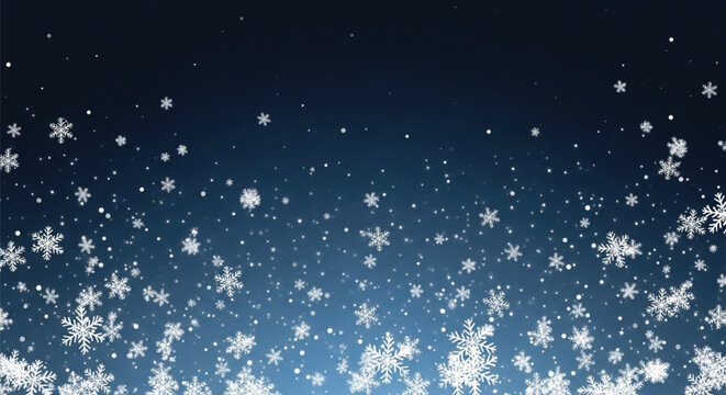 Winter landscape background featuring falling snowflakes and white ice crystals in dark blue gradient sky atmosphere suitable for festive holiday seasonal design.