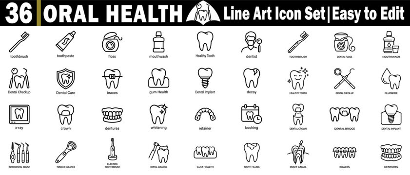 Dental health line art icons set. Covering oral hygiene dentist tools, tooth repair treatments, and professional clinical checkups.
