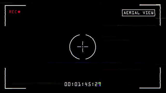 Aerial View Camera Recording HUD Interface with Glitch. 4K Video