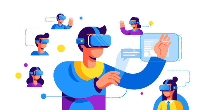 People experiencing virtual reality, augmented reality, and metaverse concepts. Future technology connecting users in digital space with VR headsets.