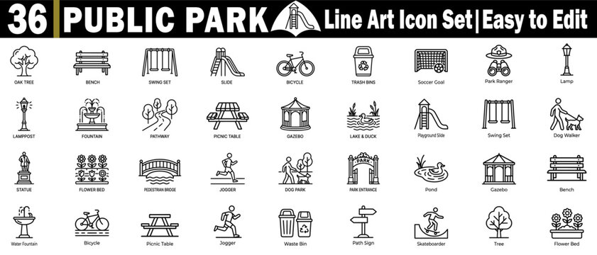 Public park line art icon set. Easy to edit oak tree bench swing set slide bicycle, and more.