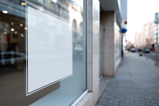 Blank white sign on a glass storefront window. Empty poster mockup for advertising or a logo in a city street setting. Retail business display with copy space
