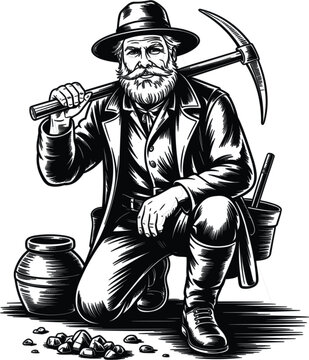 Vintage gold miner engraving illustration with pickaxe treasure prospector vector isolated black and white western artwork