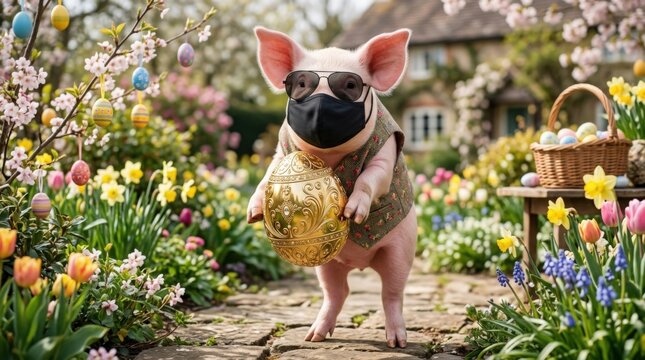 Funny pig in face mask holding golden egg