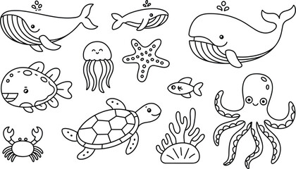 Cute sea animal outline collection with whale octopus turtle jellyfish and fish vector illustration isolated marine design set © MASUMA