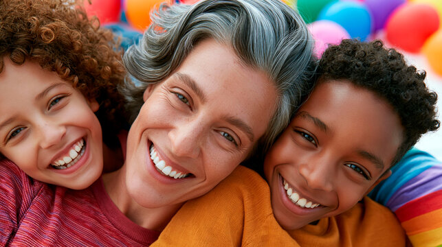Smiling caucasian mother with multicultural children showing love, inclusion and joyful family connection
