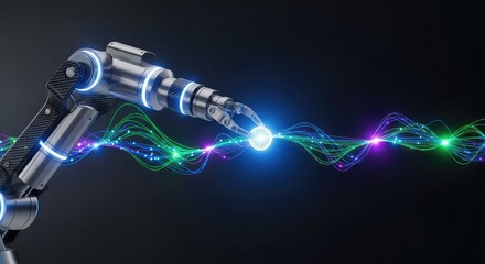 Naklejka premium A sleek metallic robot arm carefully harvests glowing digital nodes from an intricate glowing network of interconnected community data paths, flow, virtual, innovation