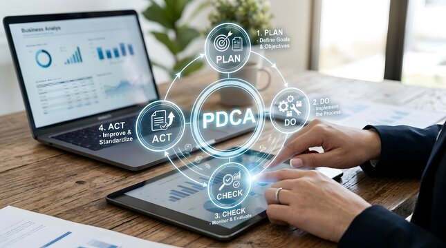 PDCA cycle process improvement concept on laptop screen, business planning, quality management and team workflow