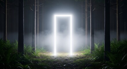 Naklejka premium A bright glowing rectangular portal stands in a dark, misty forest with trees and ferns, creating an ethereal and mysterious atmosphere.