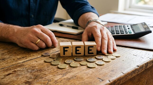  Financial fees and business accounting concept with calculator, coins and wooden blocks, tax, commission and payment costs