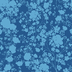 Fototapeta premium Vector seamless pattern of small wild blue field flowers, simple minimal floral botanical repeat for fabric wrapping paper textile clothing home decor